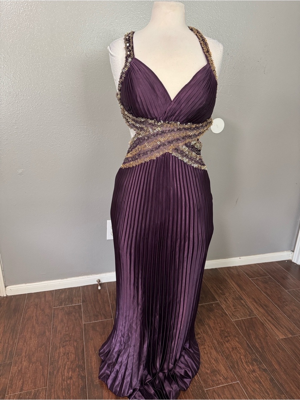 Plunging V-Neck Purple Evening Gown with Sequin Waist